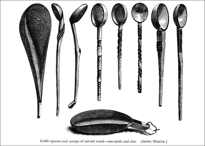 Kaffir Spoons and Scoops of Carved Wood—One-Sixth Real Size