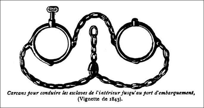 Carcans pour conduire les esclaves de l'intérieur jusqu'au port d’embarquement (Vignette de 1843)