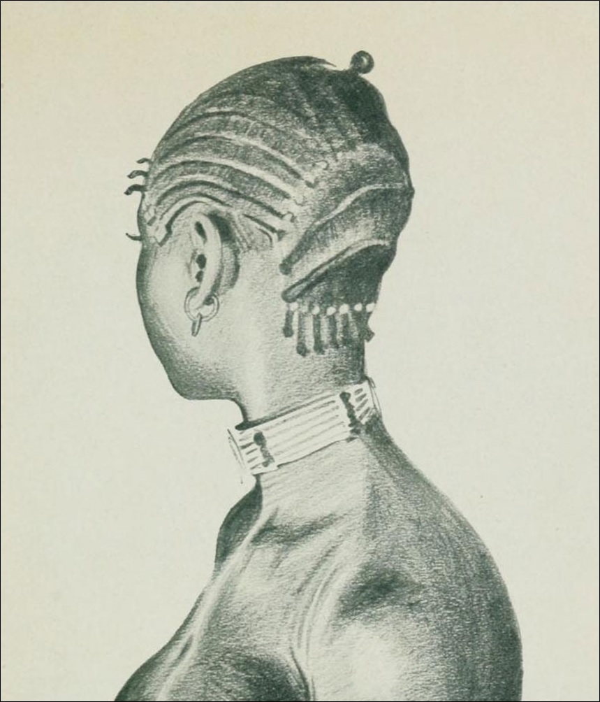 Banziri maiden with pearl-entwined head-dress